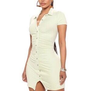 Abercrombie Fitch Ribbed Ruched Button‎ Front Mini Dress Sage Green Size L